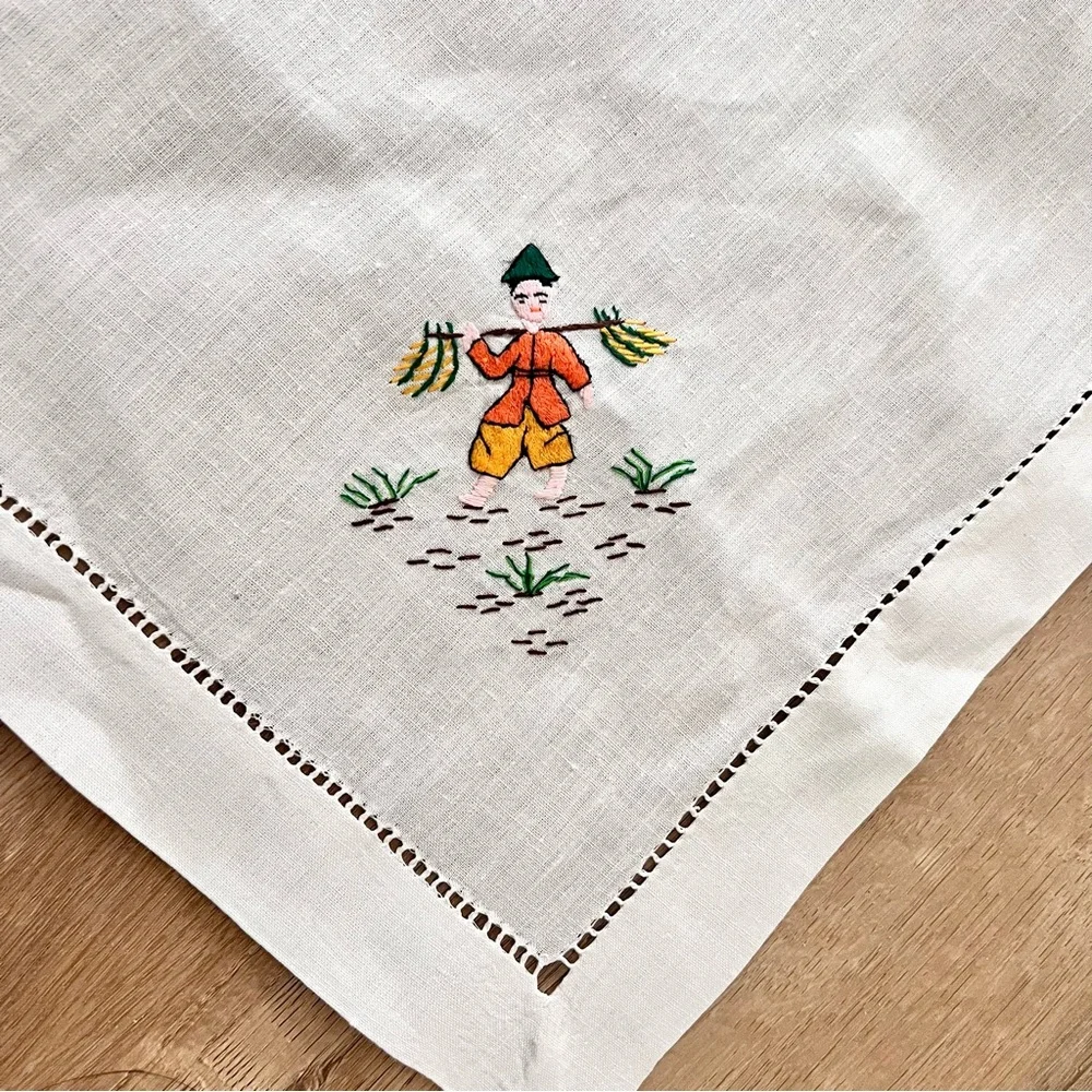 Antique Oriental Country‎ Lifestyle Hand Embroidered Tablecloth 95” X 53” Mint